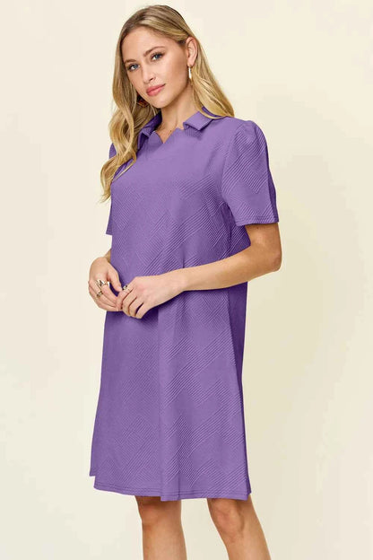 Double Take Full Size Texture Collared Neck Short Sleeve Dress