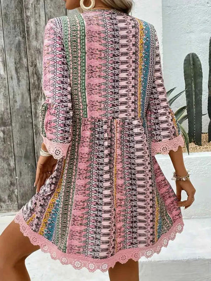 Lace Trim Printed V-Neck 3/4 Sleeve Dress