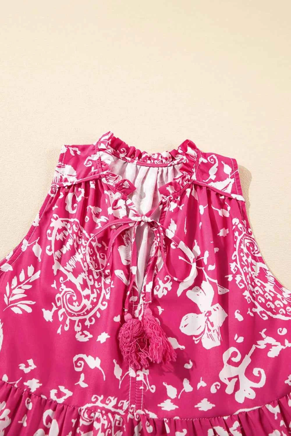 Floral Sleeveless Tasseled Tie Neck Tiered Midi Dress