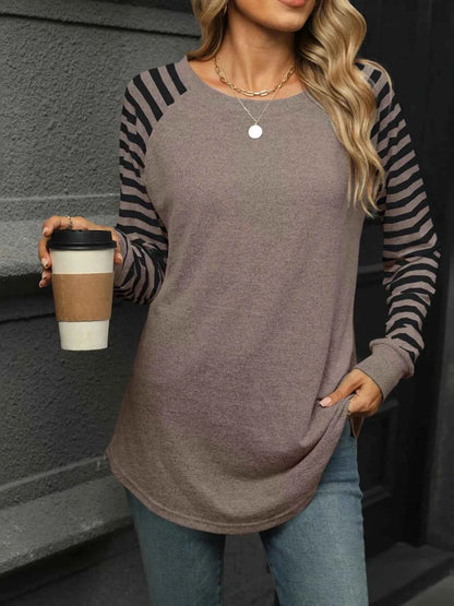 Striped Round Neck Raglan Sleeve T-Shirt