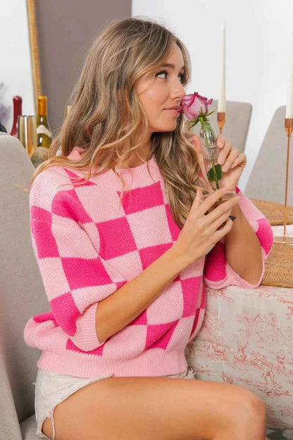 BiBi Check Pattern Short Puff Sleeve Sweater Top