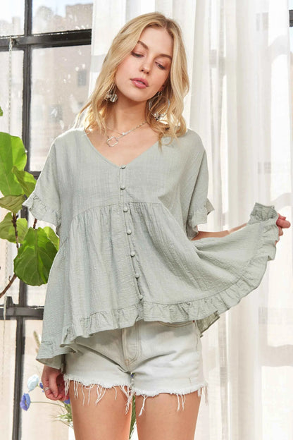 ADORA Button Down Ruffled Babydoll Blouse