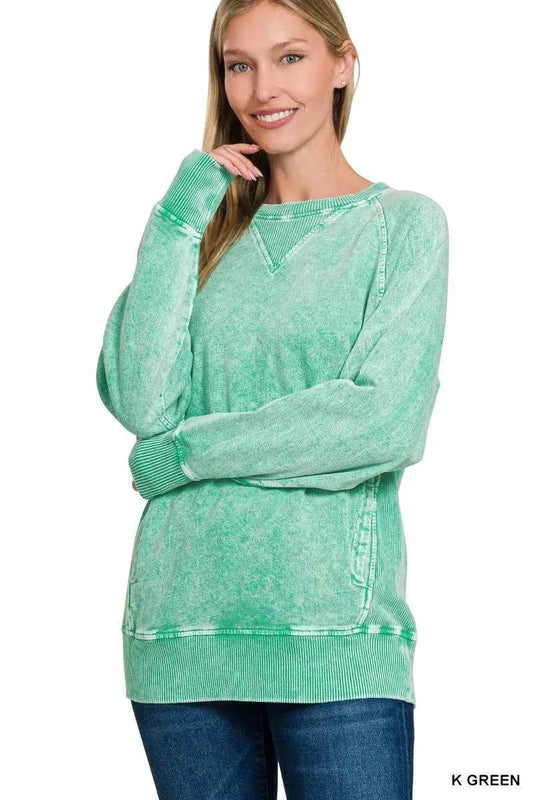 Zenana Halo Snow Washed French Terry Round Neck Sweatshirt