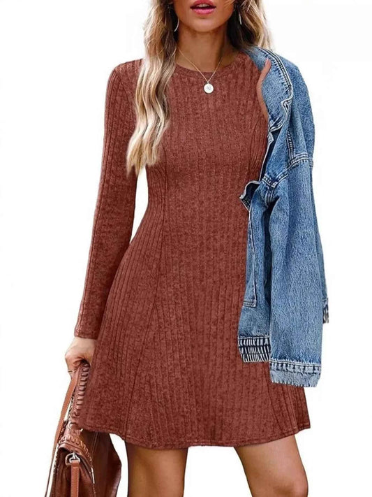 Ribbed Knit Long Sleeve A-Line Dress