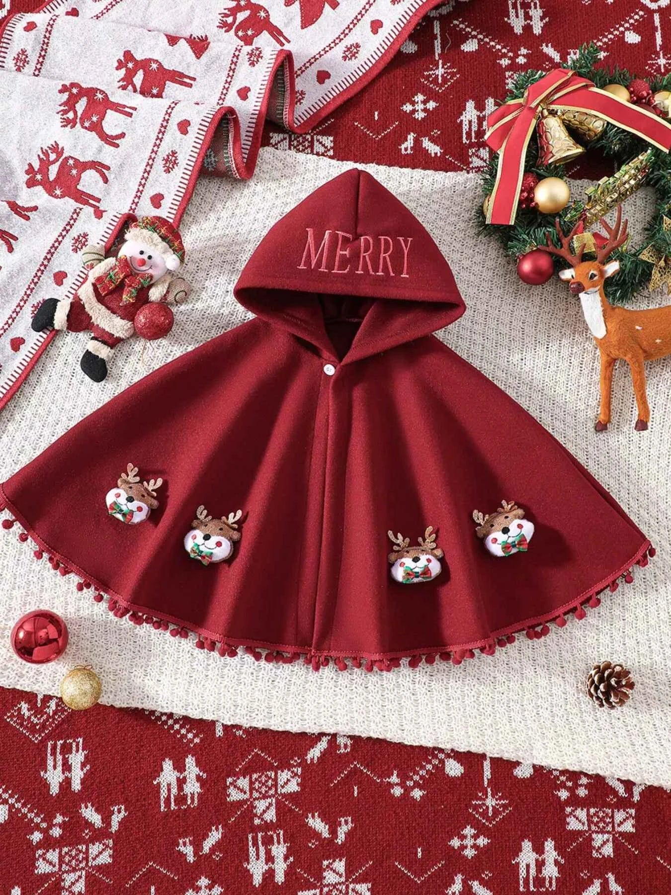 Children's Reindeer Embroidered Christmas Cape Outerwear