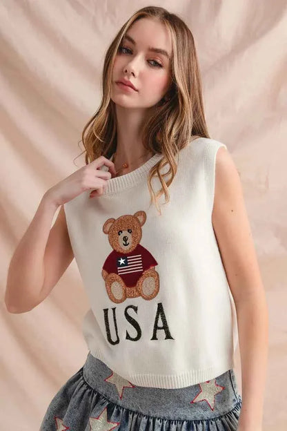 SO ME Teddy Bear Wearing An American Flag With Usa Embroidered Sweater Vest