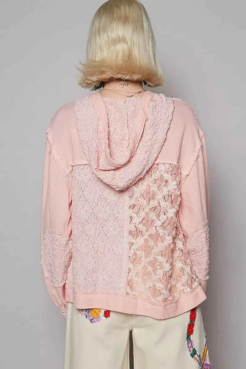 POL Exposed Seam Button Down Hooded Jacket with Lace Detail