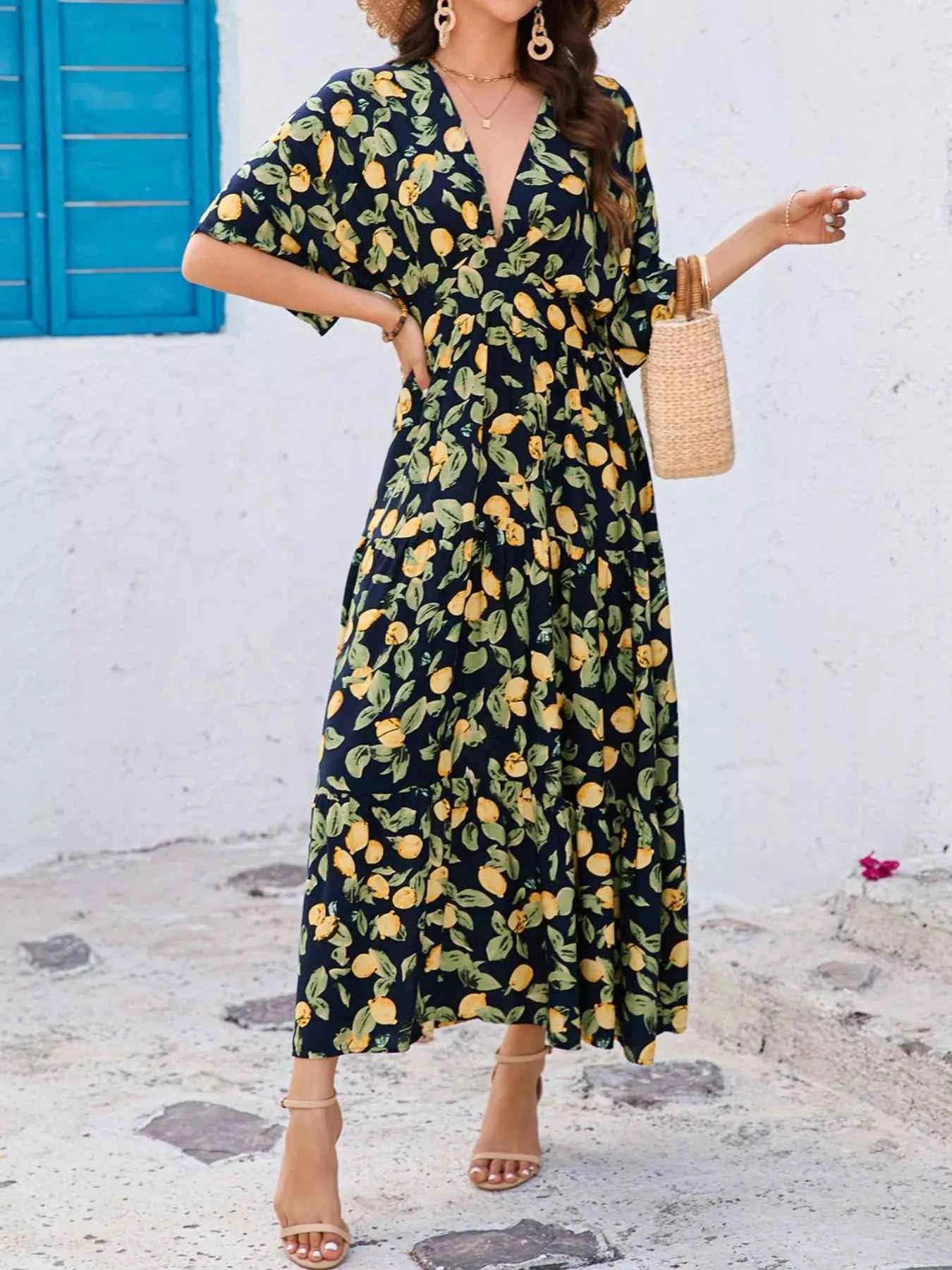 Printed V-Neck Ruffle Hem Flowy Midi Dress
