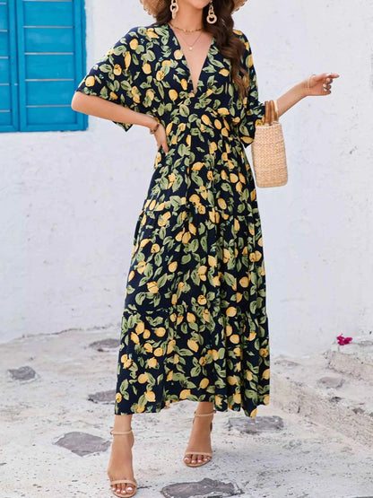 Printed V-Neck Ruffle Hem Flowy Midi Dress