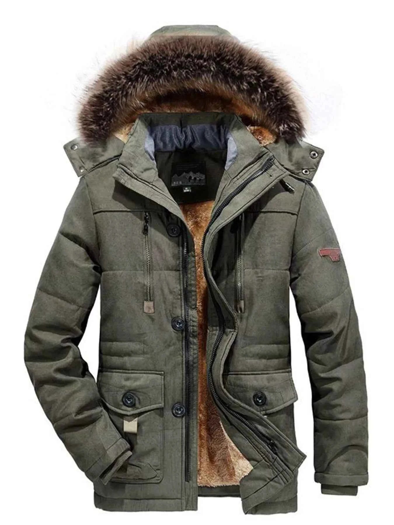 Men's Plus Size Zip Up Long Sleeve Puffer Coat with Faux Fur Hood