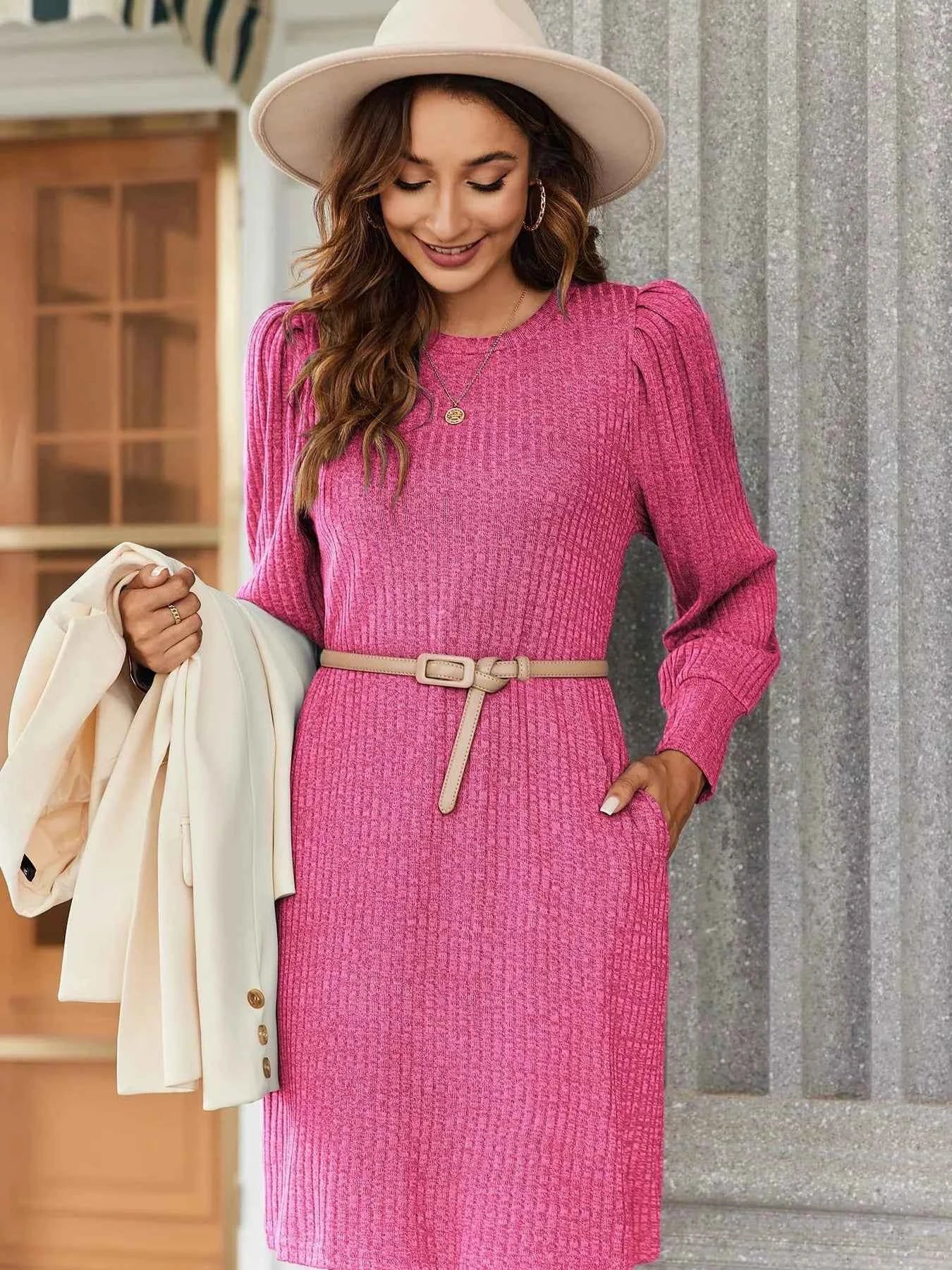 Ribbed Knit Puff Sleeve Casual Mini Dress