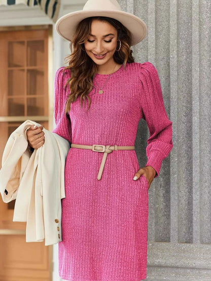 Ribbed Knit Puff Sleeve Casual Mini Dress
