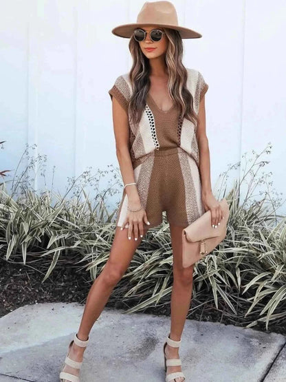 Openwork Color Block V-Neck Top and Shorts Sweater Set