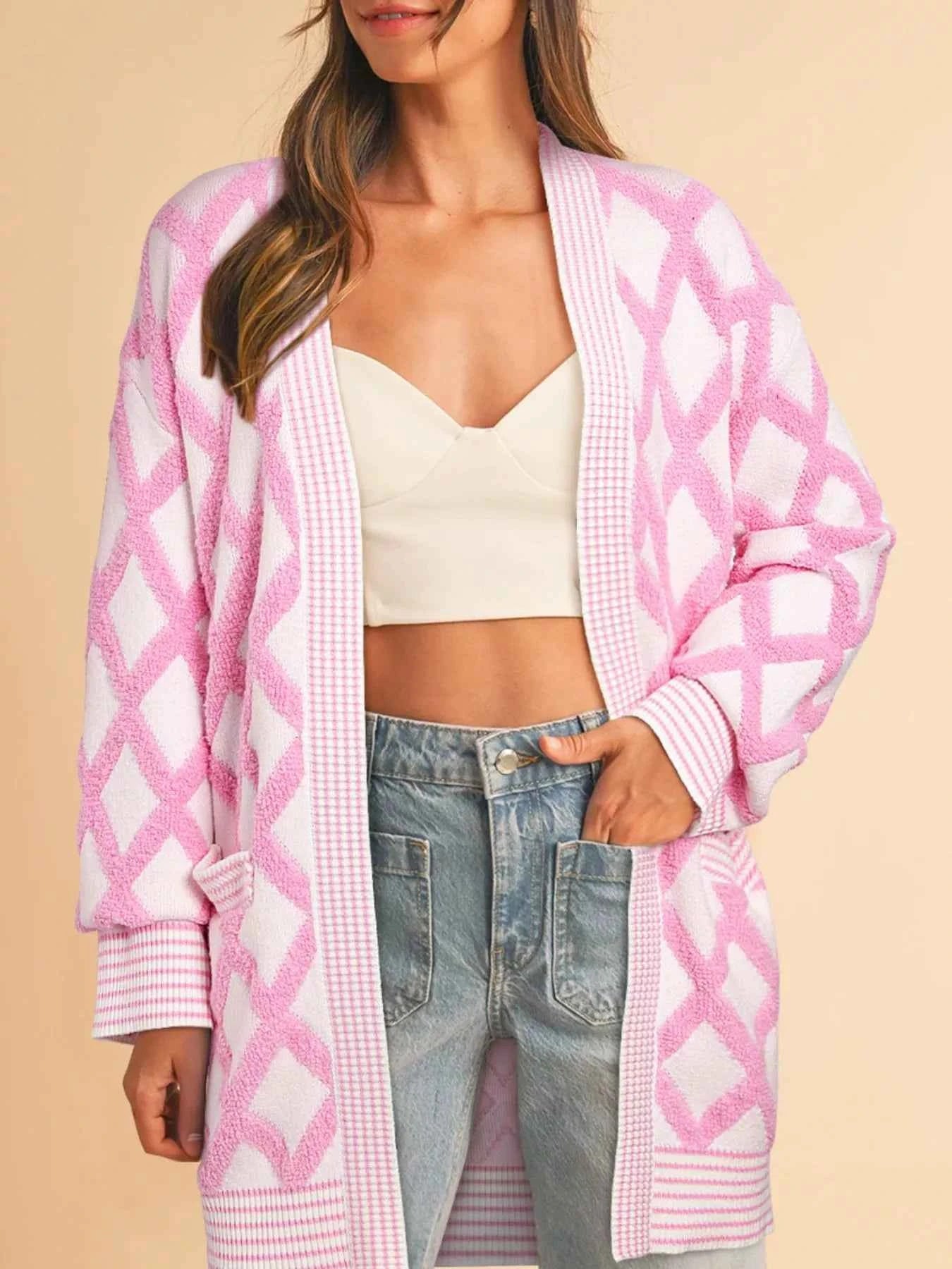 Rhombus Pattern Knit Open Front Pocketed Cardigans