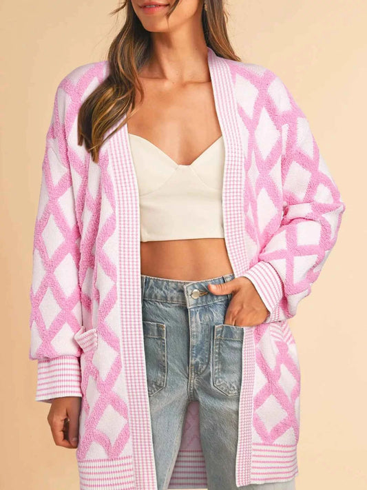 Rhombus Pattern Knit Open Front Pocketed Cardigans