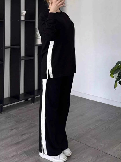 Full Size Contrast Round Neck Top and Pants Set Plus Size