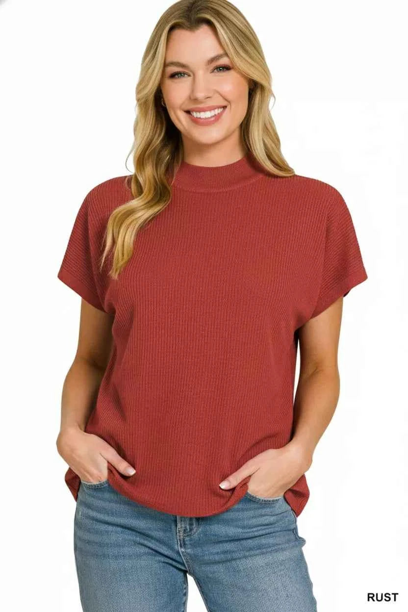 Zenana Viscose Mock Neck Short Sleeve Boxy Sweater