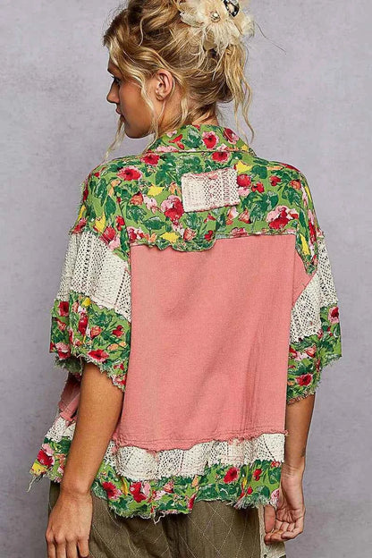 POL Lace Patch Floral Half Sleeve Shacket