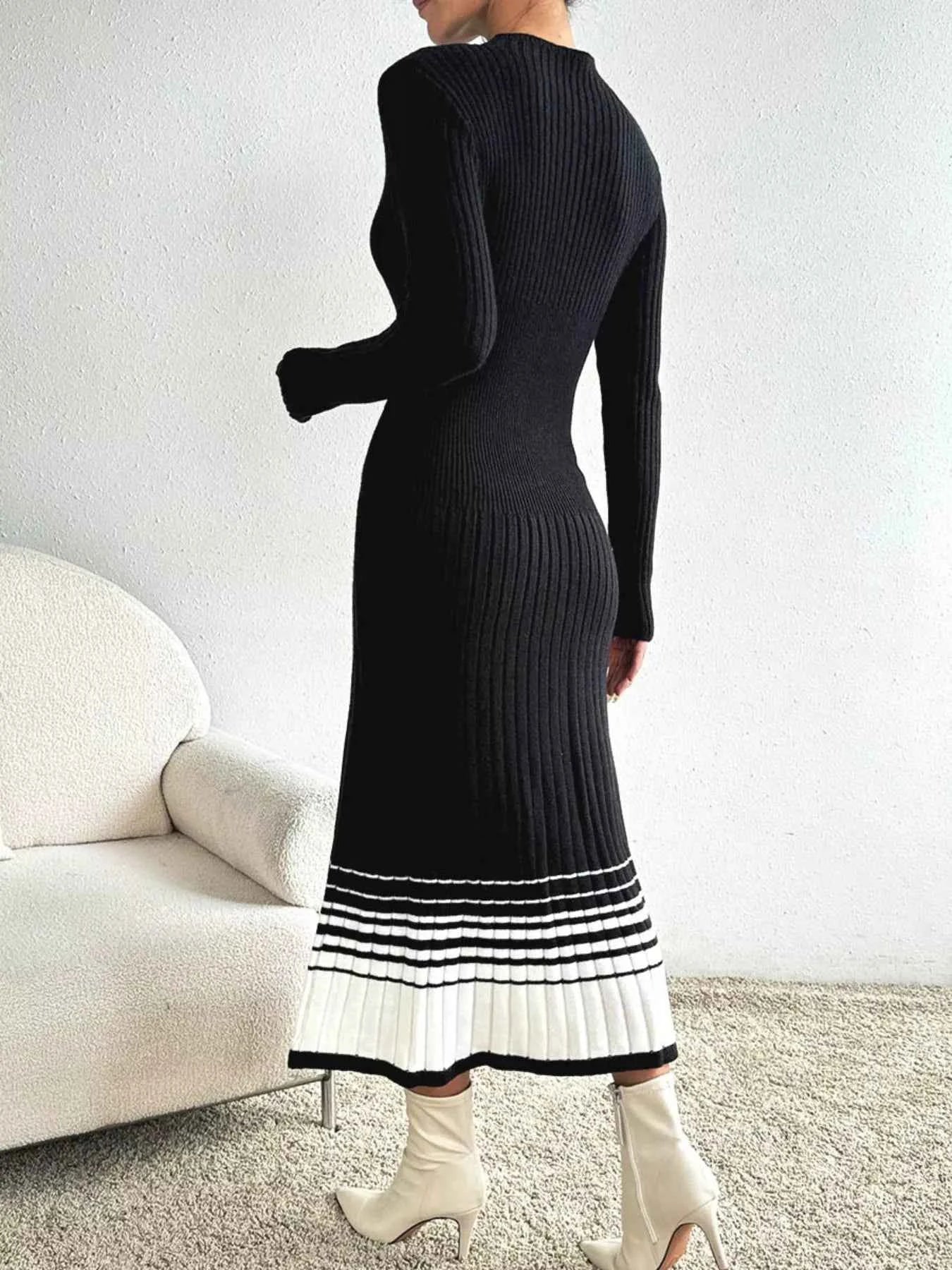 Ribbed Knit Sweater Dress with Striped Hem