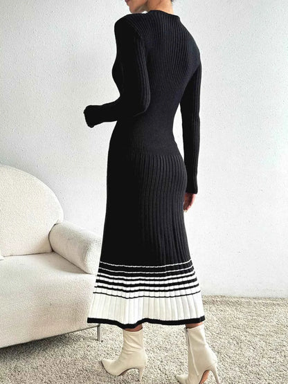 Ribbed Knit Sweater Dress with Striped Hem