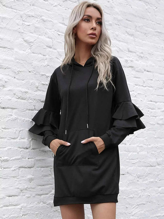 Ruffle Long Sleeve Hooded Mini Dress