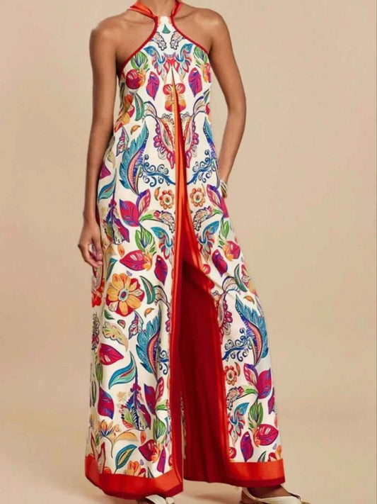 Printed Halter Wide-Leg Jumpsuit