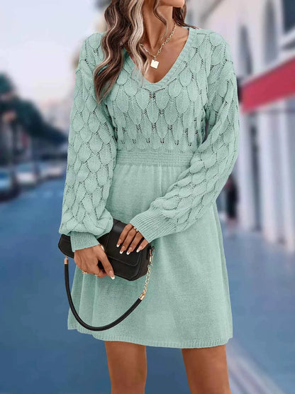 V-Neck Long Sleeve Sweater Dress