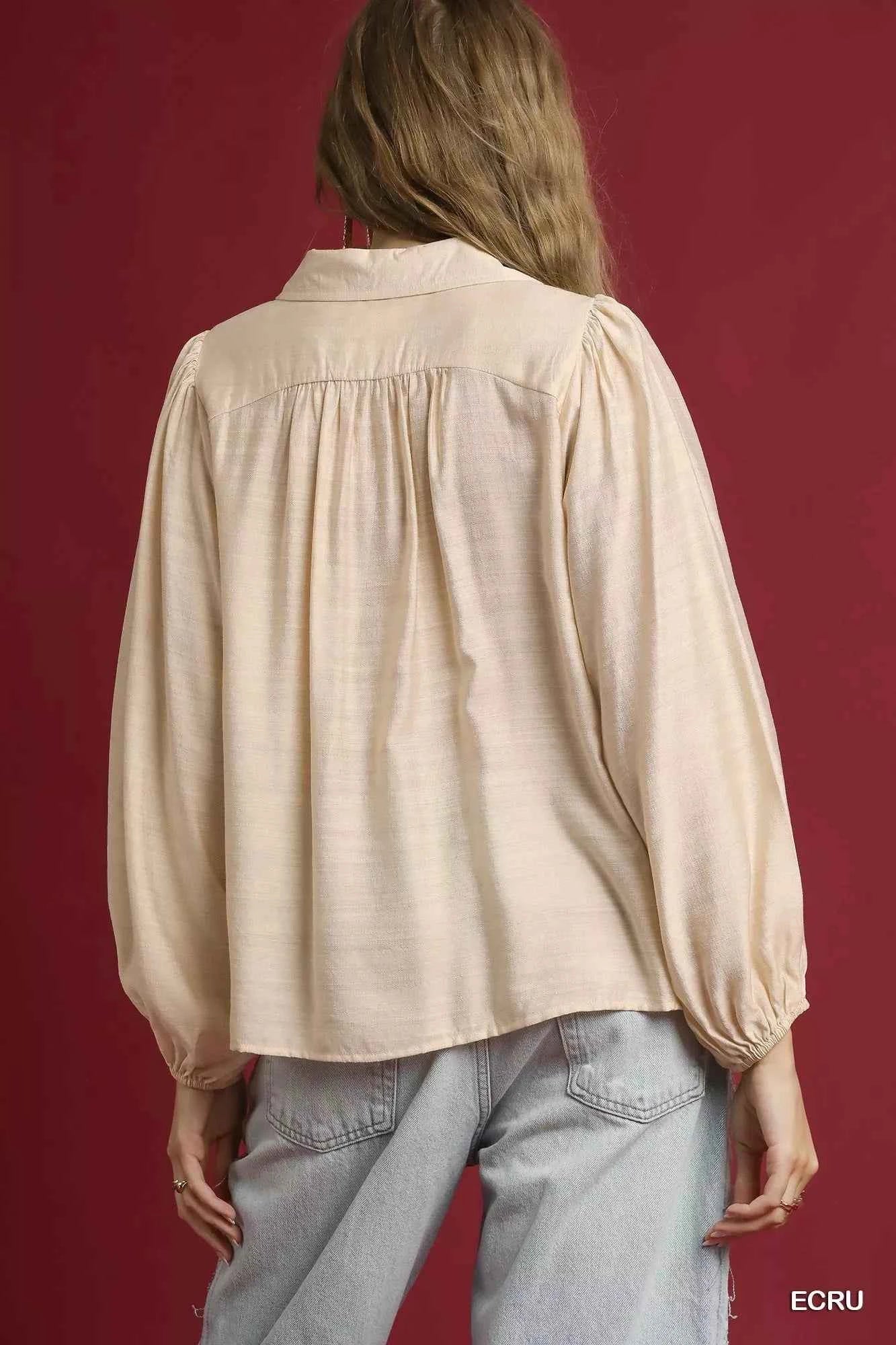 Umgee Long Sleeve Blouse with Leopard Print Trim