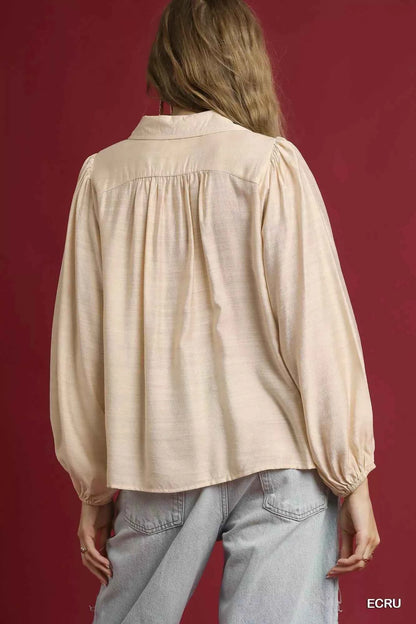 Umgee Long Sleeve Blouse with Leopard Print Trim