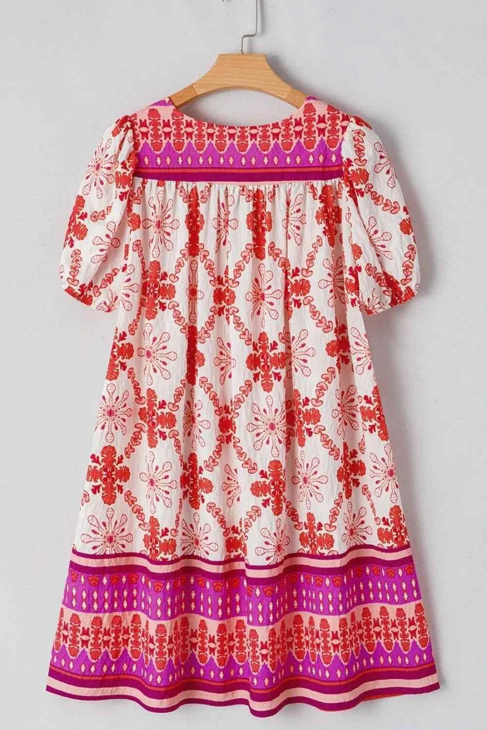 Boho Floral Short Sleeve Tie Neck Mini Dress