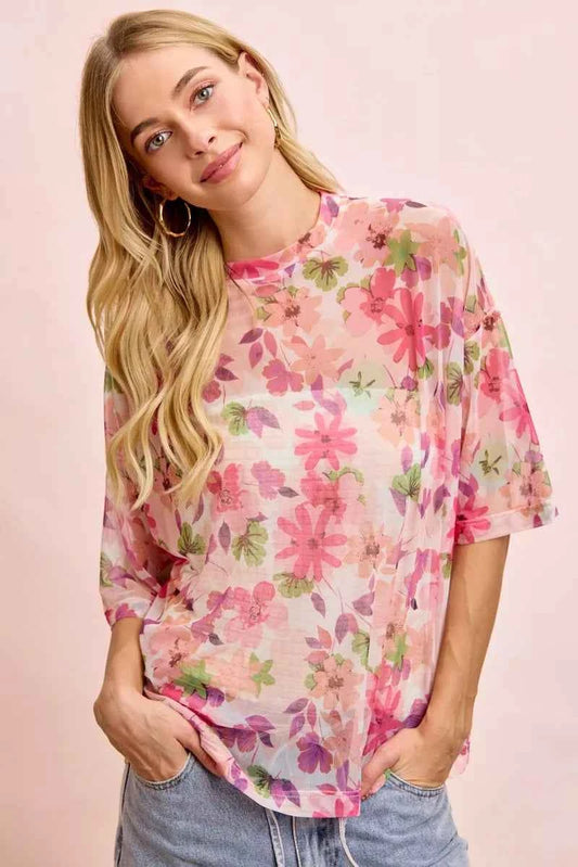 BiBi Floral Print Short Sleeves Boxy Mesh Top
