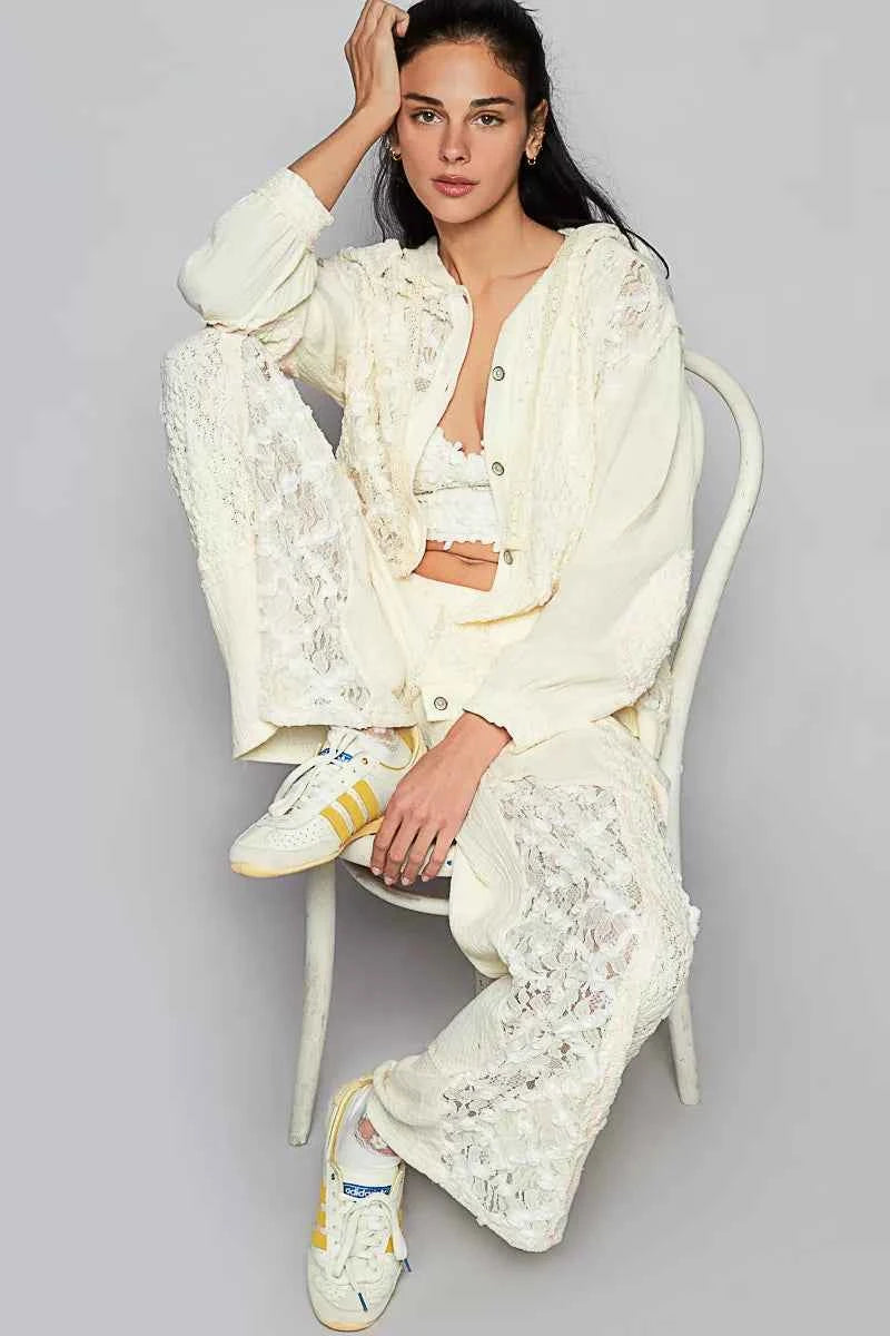 POL Exposed Seam Button Down Hooded Jacket with Lace Detail