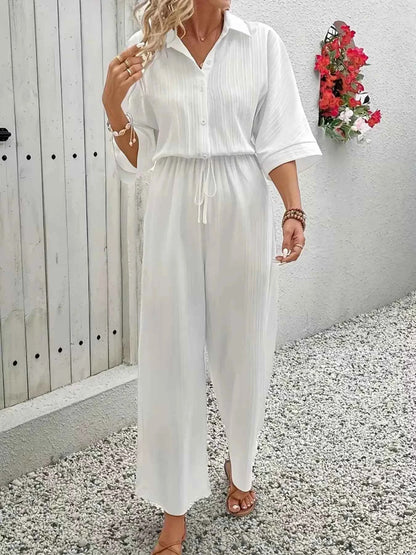 Button Front Half Sleeve Wide Leg Jumpsuit