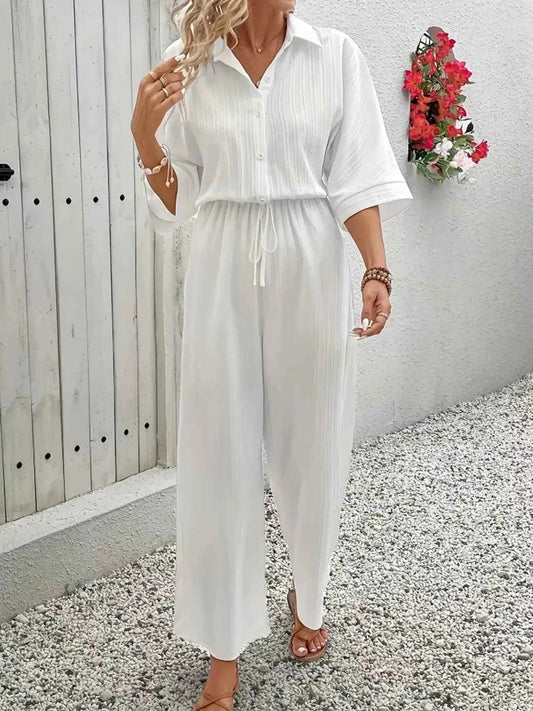 Button Front Half Sleeve Wide Leg Jumpsuit