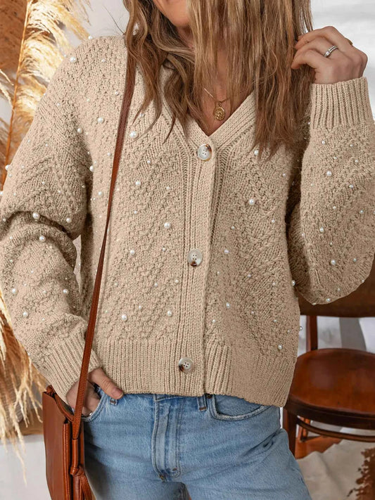 Pearl Embellished Button Front V Neck Sweater Cardigan