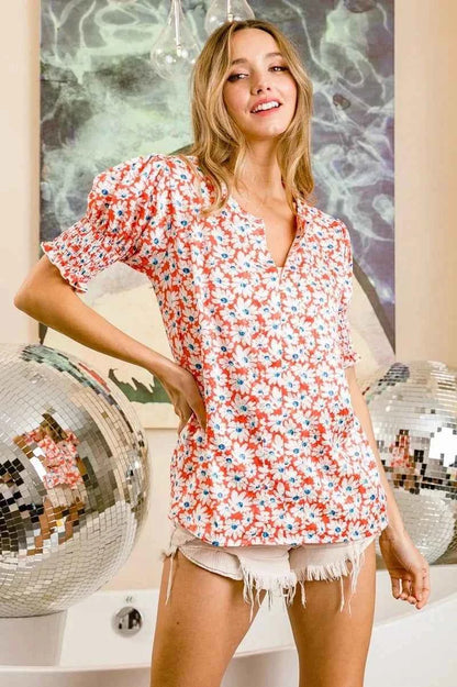 BiBi Floral Jqd Smoked Puff Sleeves V Neck Top