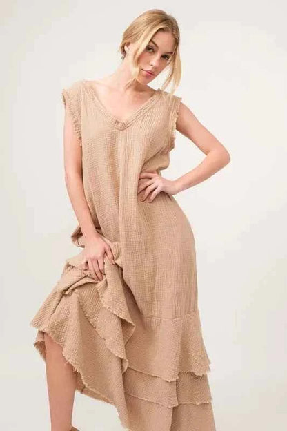 And The Why Washed Cotton Gauze Fringe Detail Tiered Dress