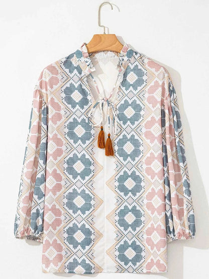 Bohemian Geometric Print Blouse with Tassel Tie