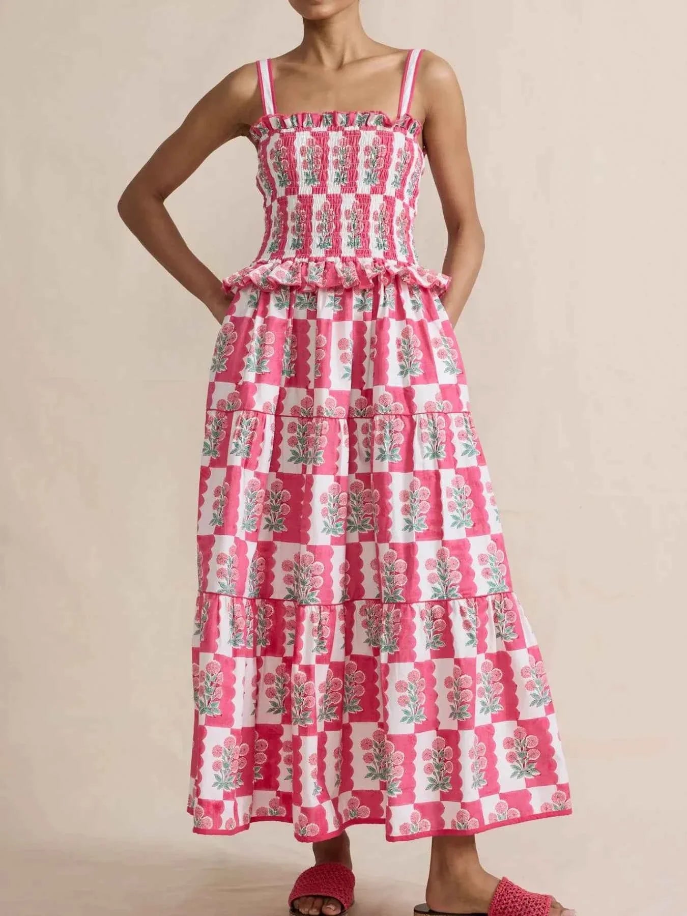 Bohemian Floral Print Smocked Tiered Maxi Dress