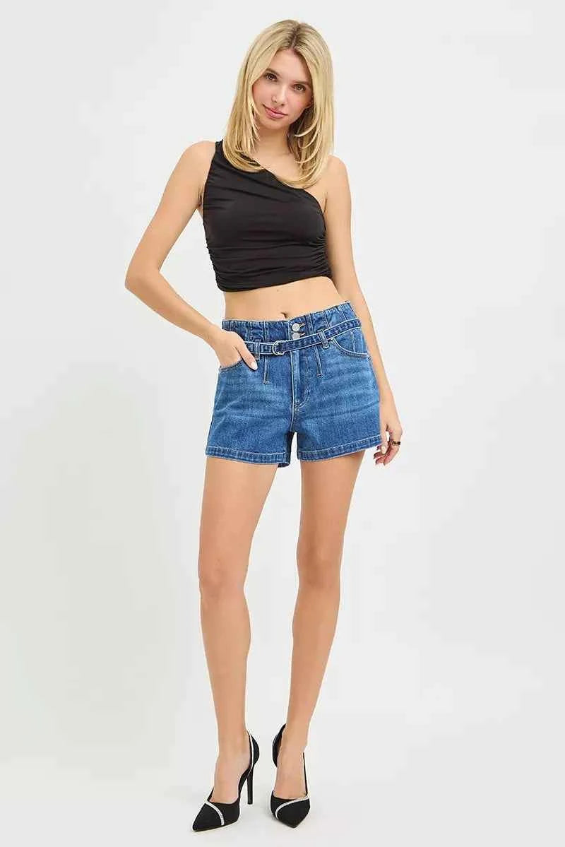 RISEN Double Button Slouchy Denim Shorts with Belt