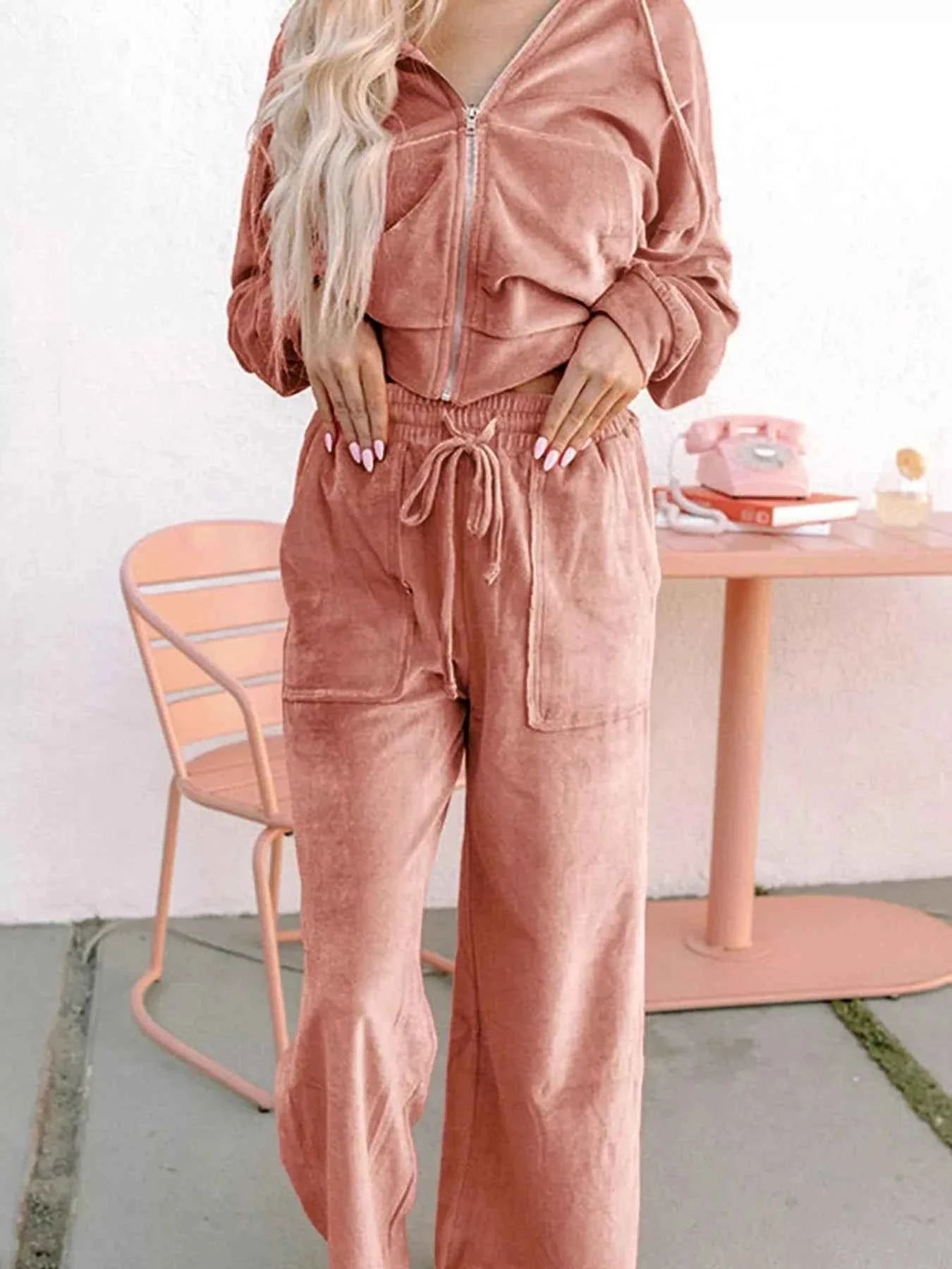 Zip Up Dropped Shoulder Hooded Top and Pants Set