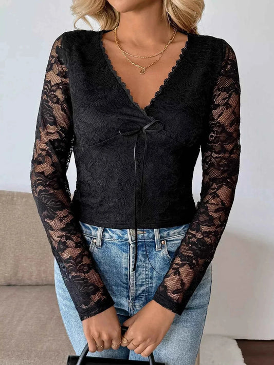 Long Sleeve Floral Lace Mesh Cropped Top