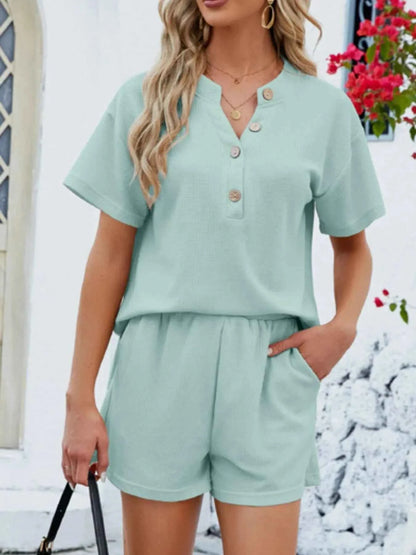 Casual Button Detail Ribbed Top and Shorts Two-Piece Set