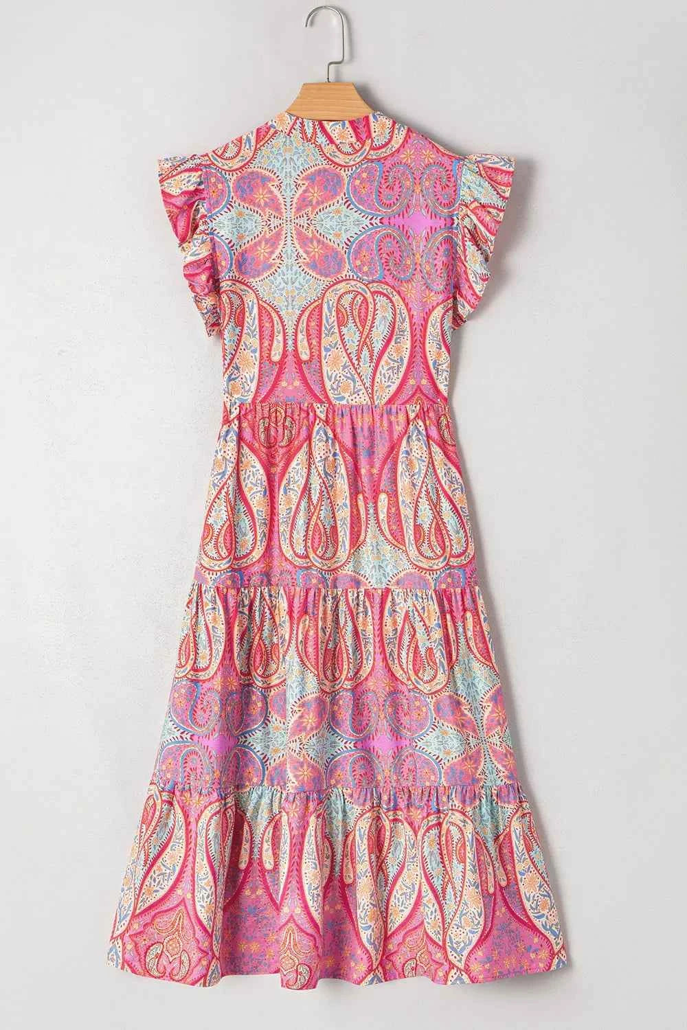 Tribal Paisley Print Ruffled Sleeve Notch Neck Midi Dress