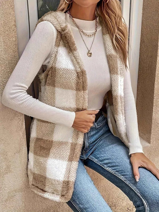 Hooded Plaid Sherpa Vest Coat