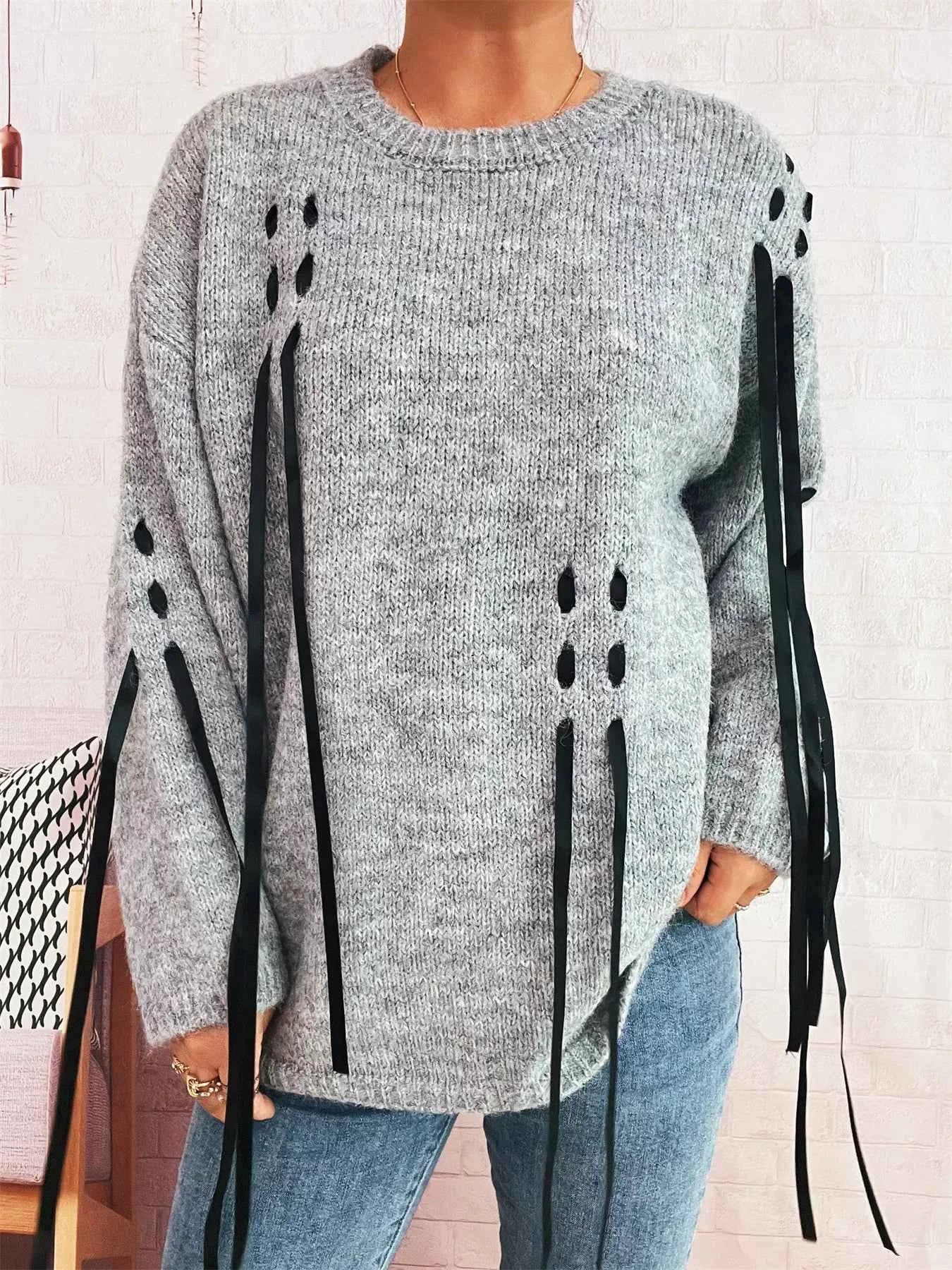 Round Neck Long Sleeve Sweater with Ribbon Details