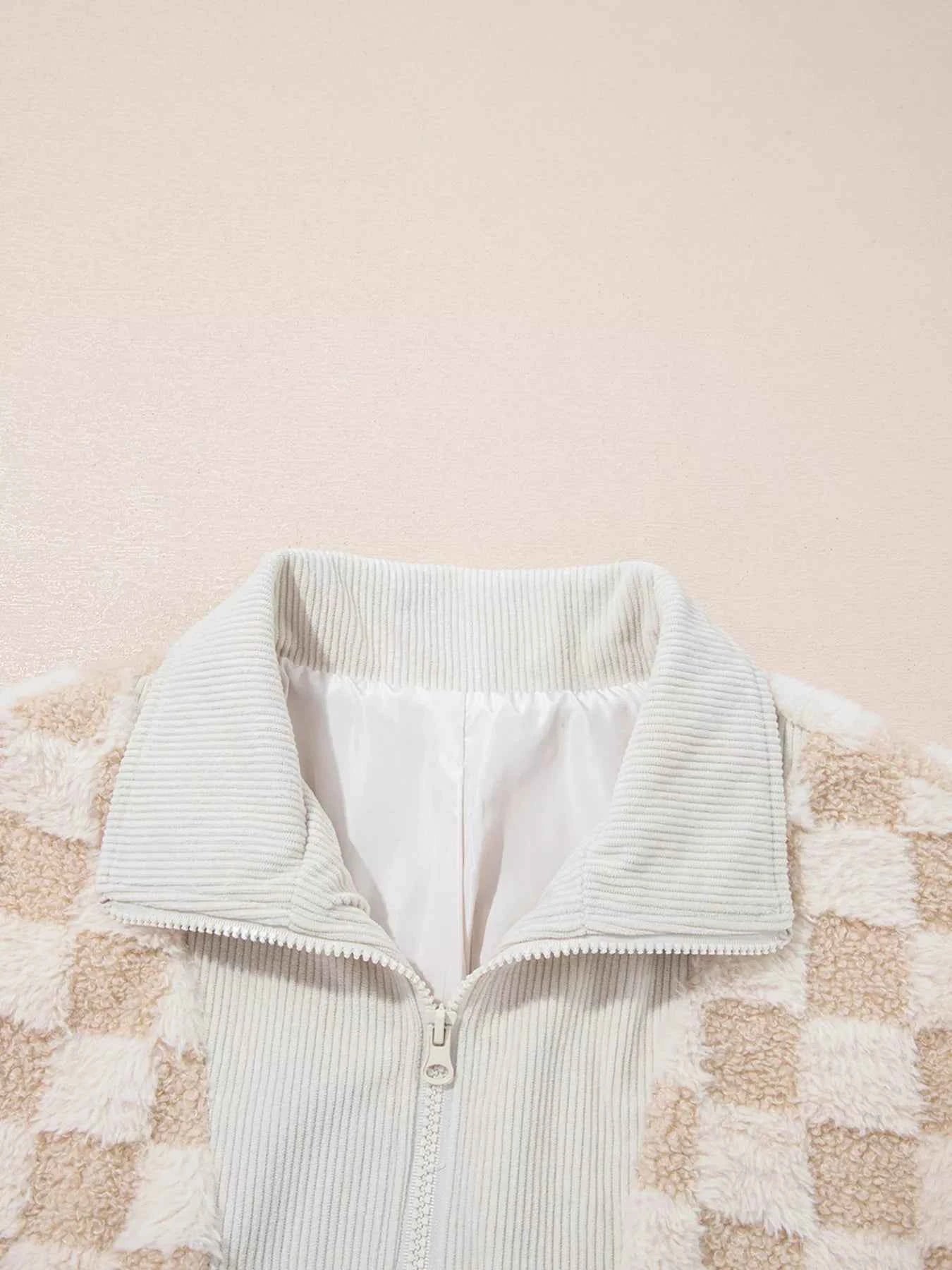 Checker Sherpa Corduroy Patchwork Zip Up Jacket