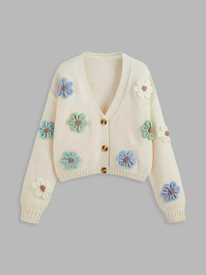 Floral Applique V-Neck Knit Cardigan