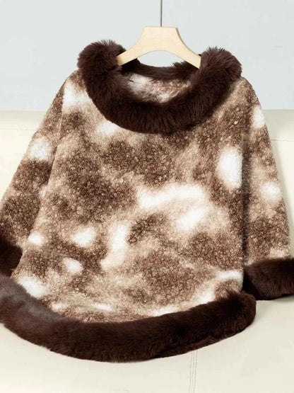 Furry Contrast Three-Quarter Poncho