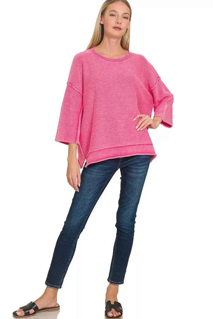 Zenana Washed 3/4 Sleeve Boxy Sweater
